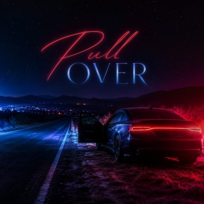 Pull Over single cover: red and blue light over a car on a night road